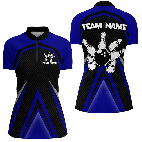 Black and Blue Retro Bowling Polo, Quarter Zip Shirts For Women Custom Team Bowling Jerseys, bowl gift NQS8367