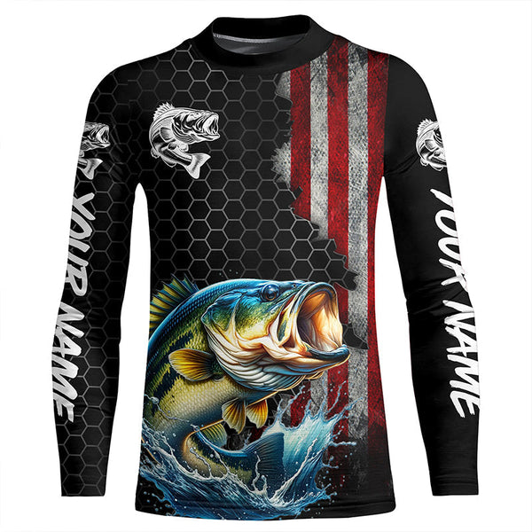 American flag Largemouth bass fishing Custom patriot performance Fishing Shirts, Bass fishing jerseys NQS7559