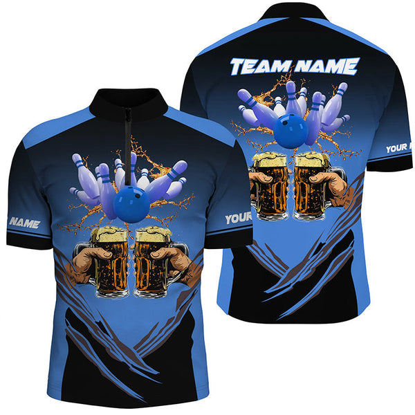 Bowling Beer Black and Blue Bowling Polo, 1/4 Quarter zip shirts Custom Mens Team Bowling jerseys NQS8159