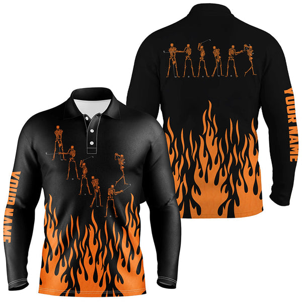 Orange flame golf skeleton custom black Mens golf polo shirts, Halloween black mens golf shirt NQS6273