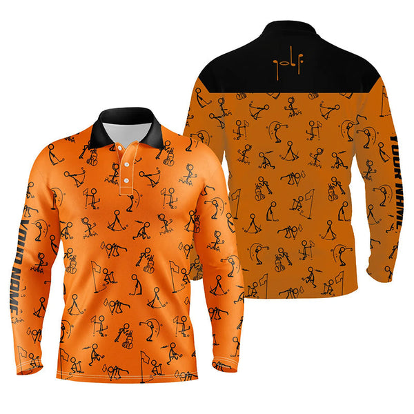 Men golf polo shirts custom name funny golf pattern, black orange polo shirt golf outfit men NQS6278