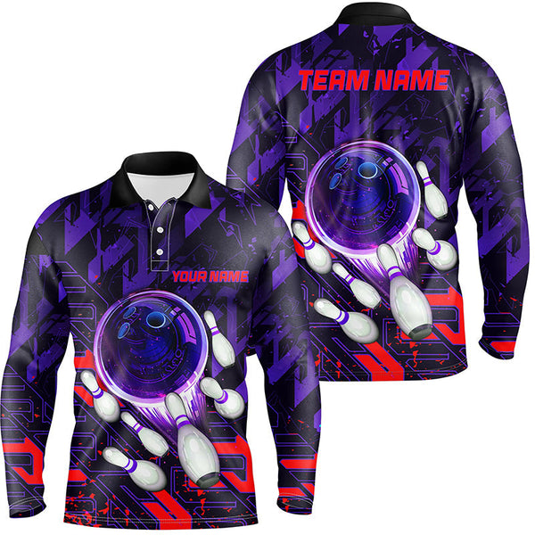Mens Bowling polo shirts Custom purple red abstract Bowling Team league Jerseys, bowling gifts NQS7101