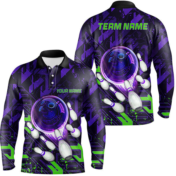 Mens Bowling polo shirts Custom purple green abstract Bowling Team league Jerseys, bowling gifts NQS7102