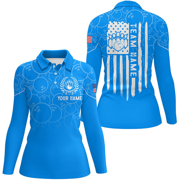 Blue bowling camo Women bowling polo shirt Custom American flag patriotic bowling team league jerseys NQS7215
