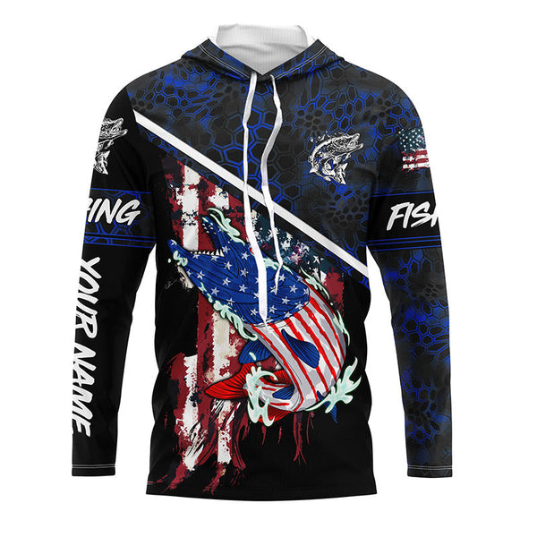 American Flag Musky fishing blue camo Custom name long sleeve muskie Fishing Shirts NQS4821