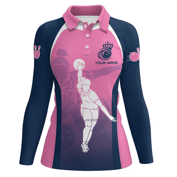 Blue and pink Women bowling polo shirts custom bowling team shirts, personalized bowling jerseys NQS7221