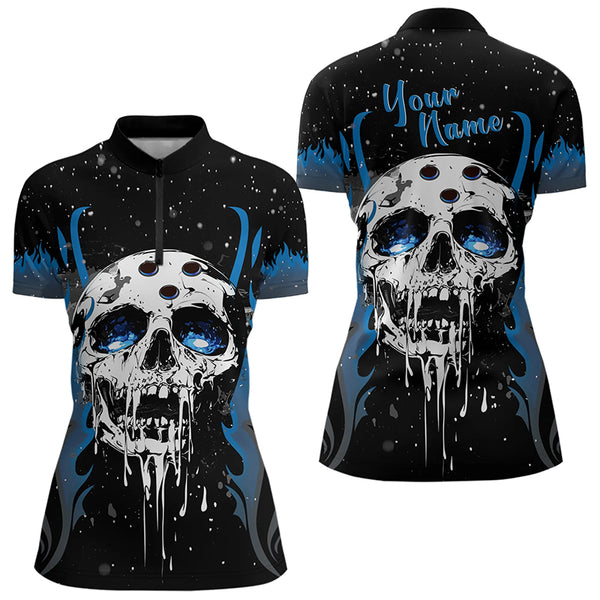 Custom Black and Blue Flame Galaxy Skull Bowling Shirts for Women, Skull Bowling Team Shirts Uniform NQS9622