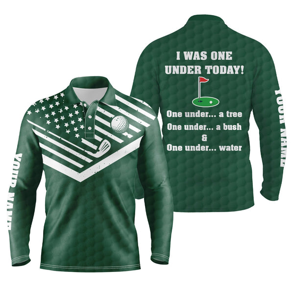 American flag green Mens golf polos shirts custom I was one under today, under a tree, bush and water NQS5092