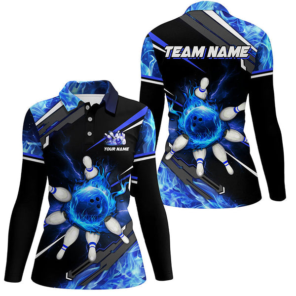 Black and Blue Flame Bowling ball pins Women polo, Quarter zip Shirts Custom team Bowling jerseys NQS7972