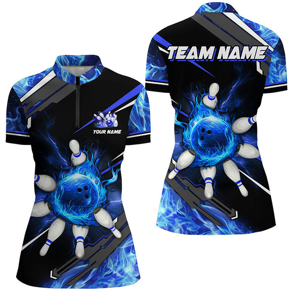 Black and Blue Flame Bowling ball pins Women polo, Quarter zip Shirts Custom team Bowling jerseys NQS7972