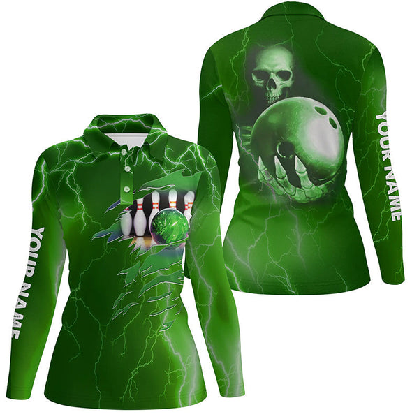 Personalized bowling polo shirt for women green lightning Custom name Team skull bowling Jerseys NQS6493
