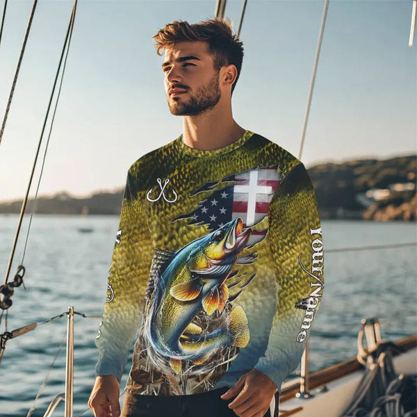 Walleye Fishing Scales Camo American Flag Faith patriotic Custom UV protection long sleeves shirts NQS9310