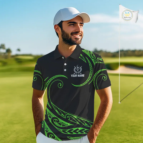 Black and Green Tribal Pattern Golf Ball Mens Golf Polo Shirts custom unique mens golf apparel NQS9820