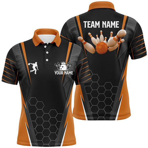 Black Men's Bowling polo Shirt Custom Name mens Bowlers Jersey, team bowling outfits | Orange NQS6503