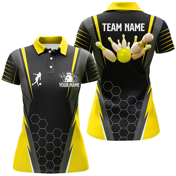 Black Women's Polo Bowling Shirt Custom Name Ladies Bowlers Jersey, team bowling outfits | Yellow NQS6504