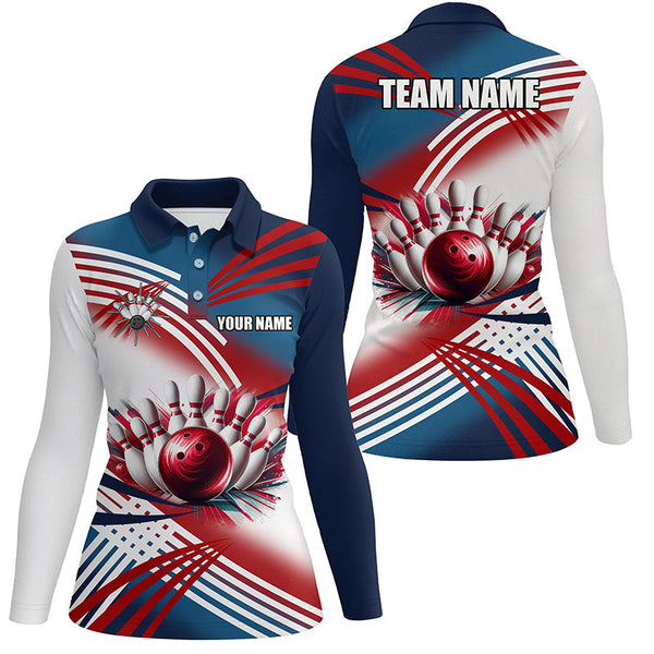 Red, white and blue Women bowling polo shirts Custom Team bowling ball and pins shirts for ladies NQS7234