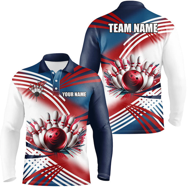 Red, white and blue Mens Bowling polo shirts Custom bowling ball and pins Team bowling shirts for men NQS7234