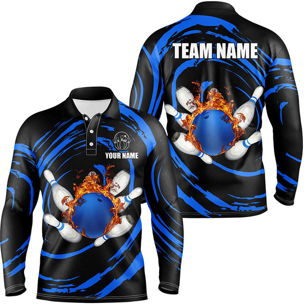 Blue flame bowling ball and pins Mens Bowling polo shirts Custom Team bowling jerseys for men NQS7235