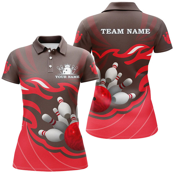 Women bowling polo shirt Custom bowling ball pins team league jersey, personalized bowling gift| Red NQS6301