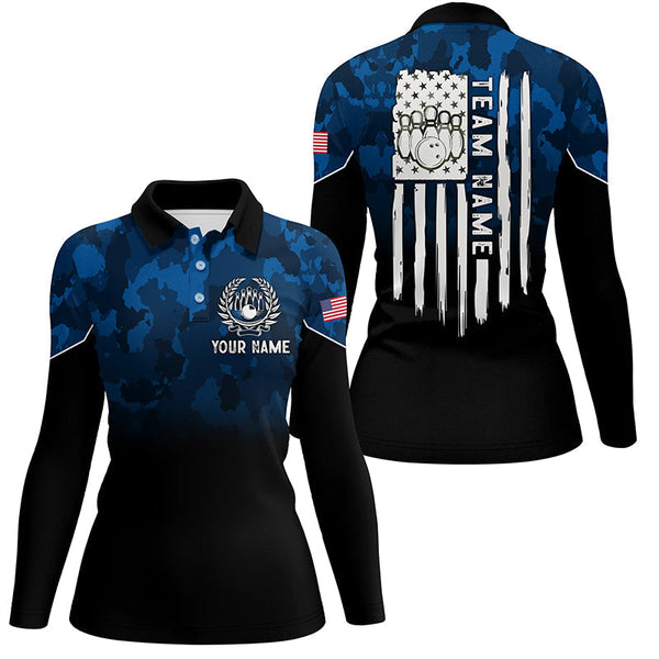 Black blue camo Women bowling polo shirts Custom American flag patriotic bowling team league jerseys NQS6523