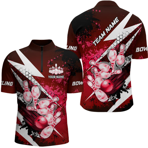 Red grunge lightning Bowling Polo, Quarter Zip shirt For Men Custom Team Bowling Jersey NQS8660