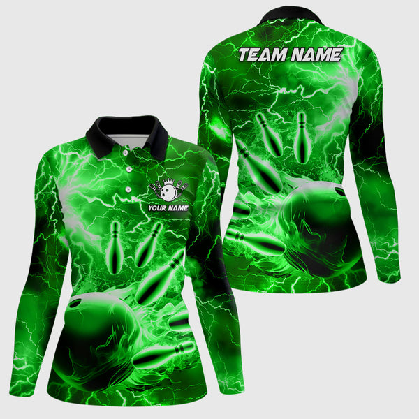 Womens polo bowling shirts Custom green lightning thunder Bowling Team Jersey, gift for team Bowlers NQS7143