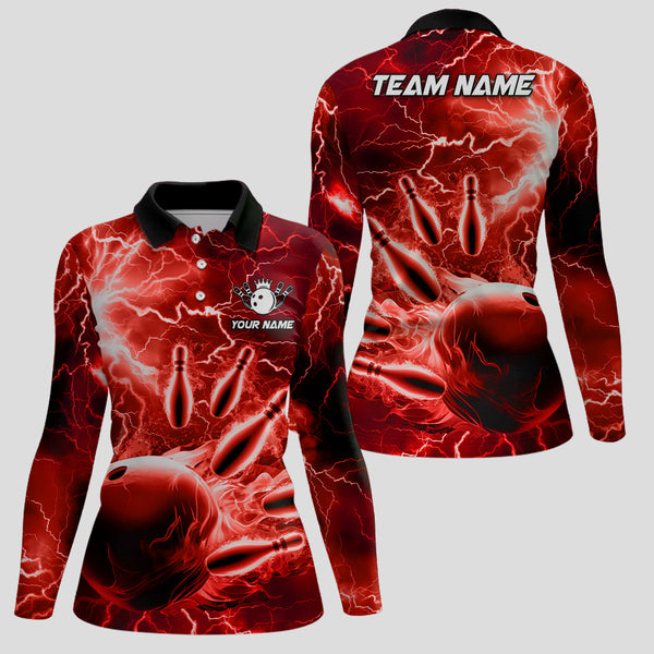 Womens polo bowling shirts Custom red lightning thunder Bowling Team Jersey, gift for team Bowlers NQS7144