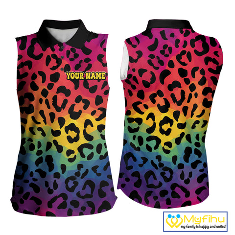 Custom Colorful rainbow pattern Women Sleeveless polo shirt, Personalized animal print golf outfit NQS10405