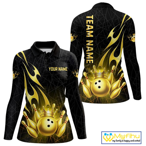 Black and Gold Flame Bowling Shirts For Women Custom Bowling Team League Jersey, Gift For Bowler NQS10439