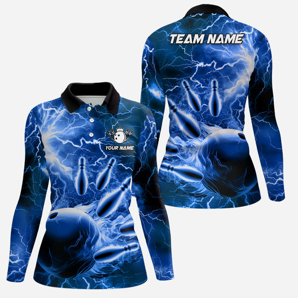 Womens polo bowling shirts Custom blue lightning thunder Bowling Team Jersey, gift for team Bowlers NQS6582