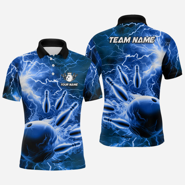 Mens polo bowling shirts Custom blue lightning thunder Bowling Team Jersey, gift for team Bowlers NQS6582