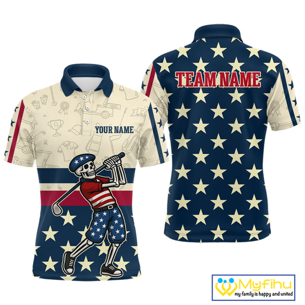 Funny Skull golfer vintage American Flag Custom patriotic golf polo shirts for men, golfing gifts NQS9964