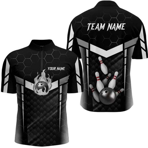 Personalized Bowling Polo, Quarter Zip Shirts For Men Custom Bowling Team Jerseys | Black NQS8479