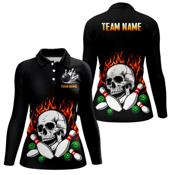 Flame Bowling skull Women bowling polo, quarter zip shirts Custom Team bowling Jerseys, bowling gifts NQS7649