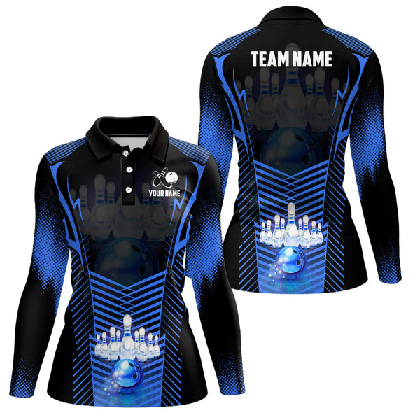 Women Bowling Polo Shirts Custom Bowling ball and pins Team league Jerseys, gifts for bowlers | Blue NQS7071