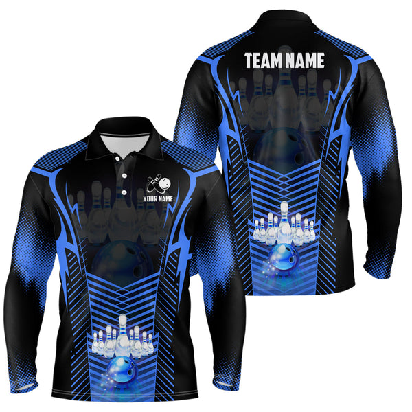 Men Bowling Polo Shirt Custom Bowling ball and pins Team league Jerseys, gifts for bowlers | Blue NQS7071
