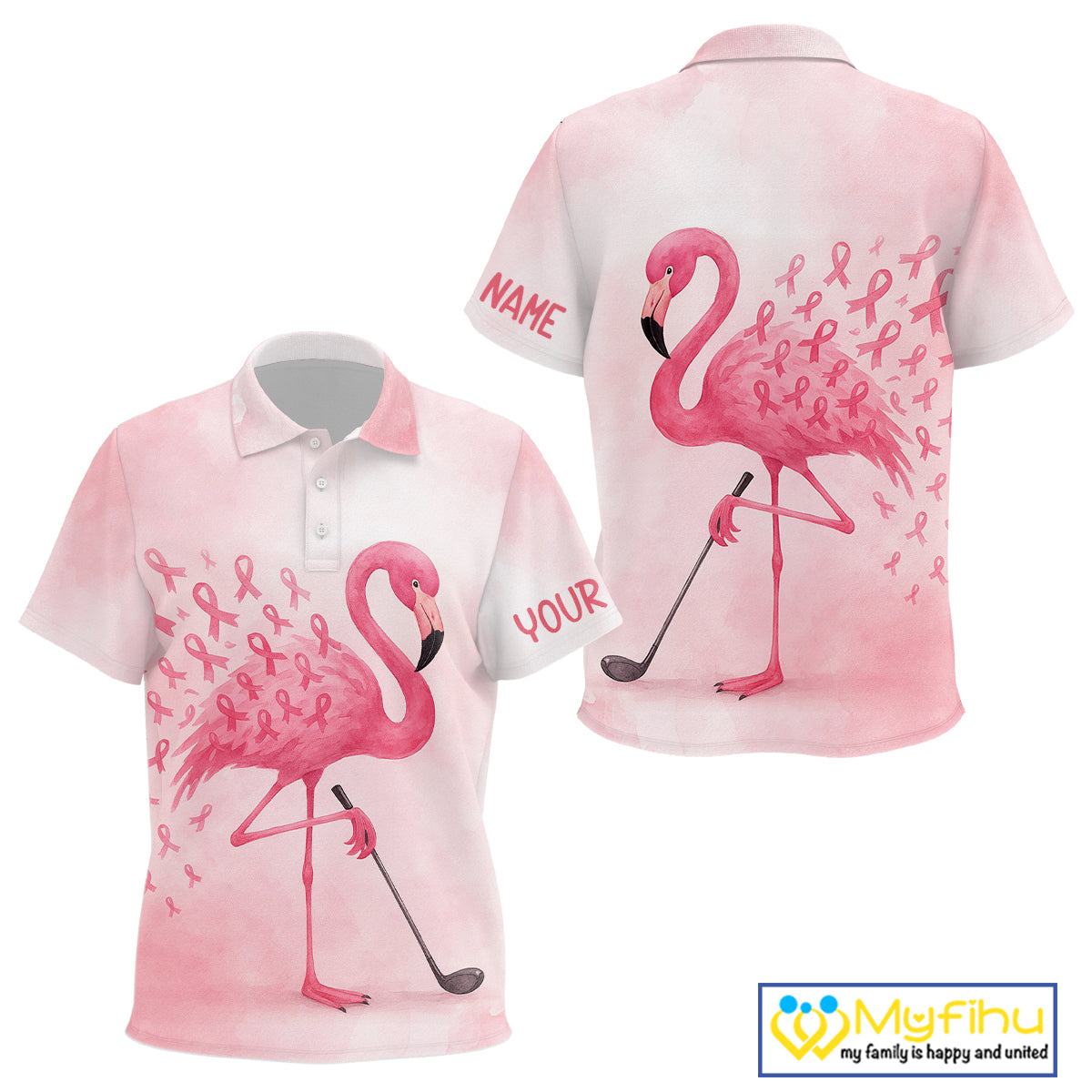 Watercolor Pink Flamingo ribbons Kid golf polo shirt Custom Breast Cancer Awareness Kid golf top NQS10512