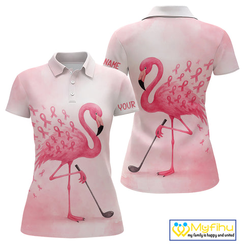 Watercolor Pink Flamingo ribbons Women golf polo shirt Custom Breast Cancer Awareness ladies golf top NQS10512