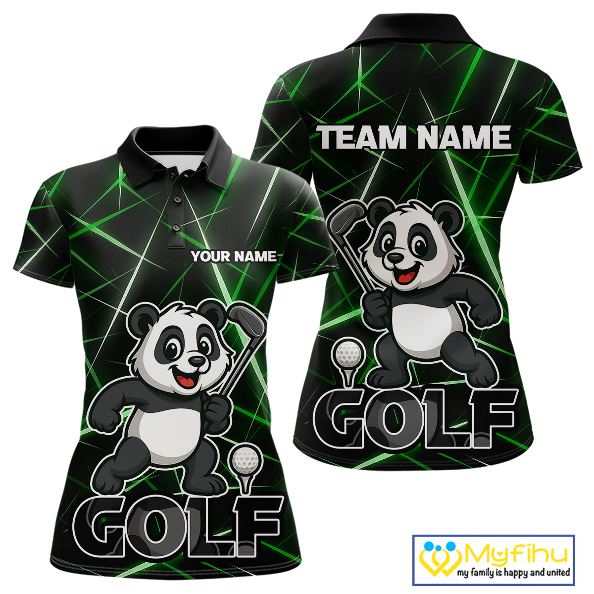 Black and Green Funny Panda Playing Golf Polo Shirt For Women Custom ladies golf clothes golf gift NQS10740