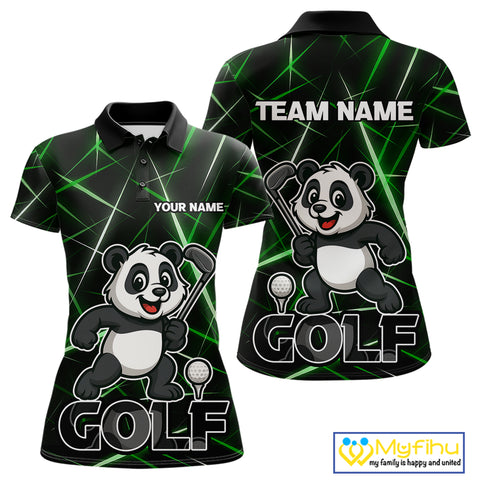 Black and Green Funny Panda Playing Golf Polo Shirt For Women Custom ladies golf clothes golf gift NQS10740