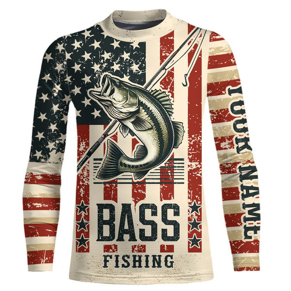 Largemouth Bass fishing vintage American flag Custom performance patriotic long sleeve fishing shirts NQS7199