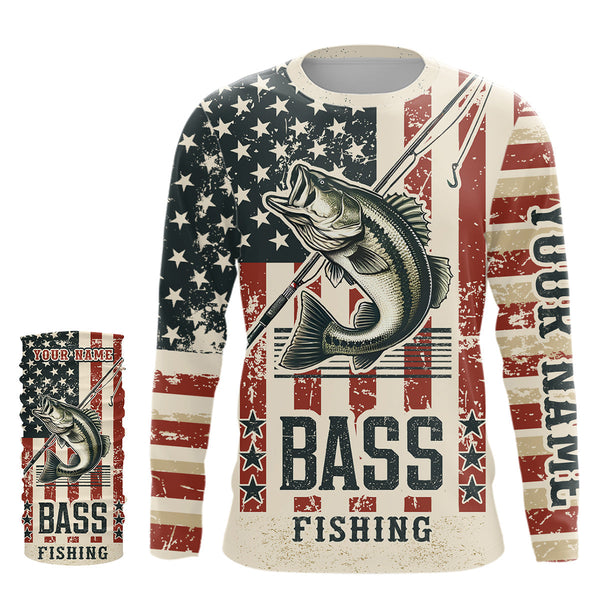 Largemouth Bass fishing vintage American flag Custom performance patriotic long sleeve fishing shirts NQS7199
