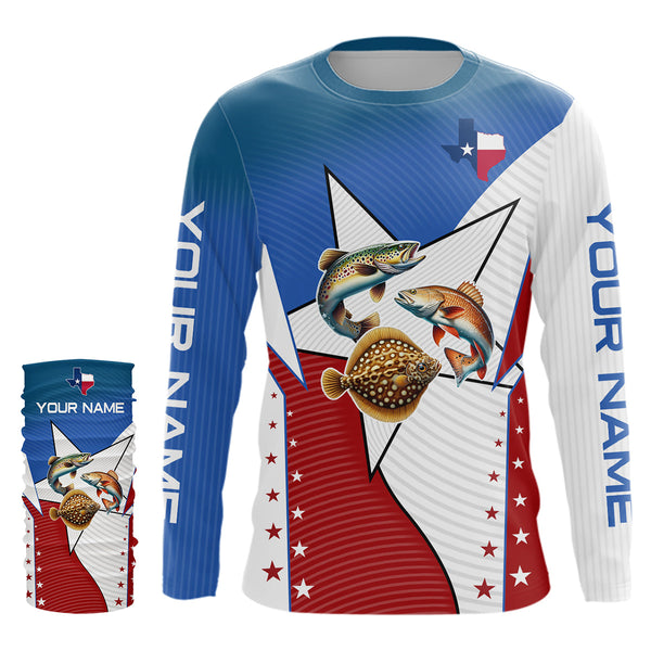 Redfish, Trout, Flounder Texas slam flag Custom Long Sleeve Fishing Shirts, Patriotic fishing Jerseys NQS7541