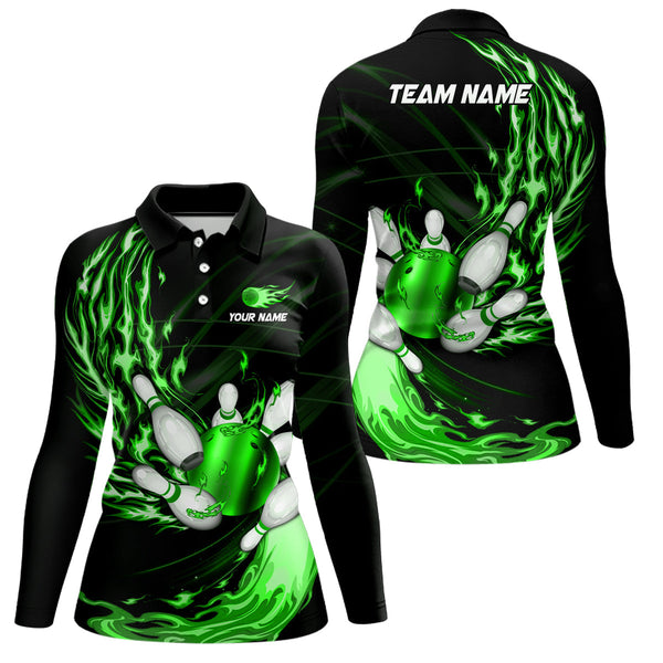 Womens bowling polo shirts Custom Green flame Bowling ball and pins Team league bowler Jersey NQS7370