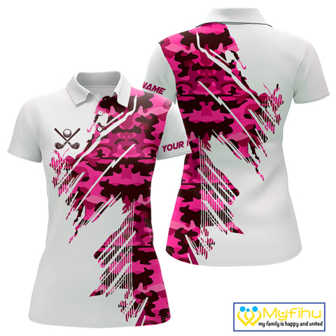 Personalized Women golf polo shirts custom white and pink camo ladies golf apparel, golfing gifts NQS10335