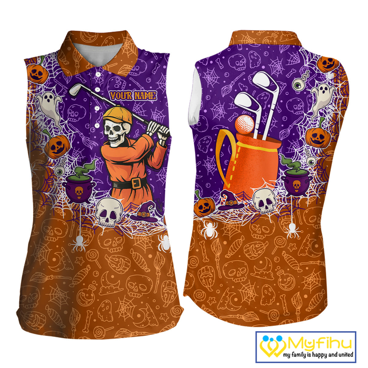 Halloween Skull Playing Golf Sleeveless Polo Shirt Custom Halloween golf outfit For Ladies Golf Gifts NQS10340