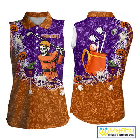 Halloween Skull Playing Golf Sleeveless Polo Shirt Custom Halloween golf outfit For Ladies Golf Gifts NQS10340