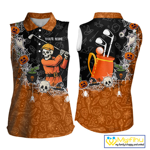 Halloween Skull Playing Golf Sleeveless Polo Shirt Custom black & orange Halloween ladies golf outfit NQS10341