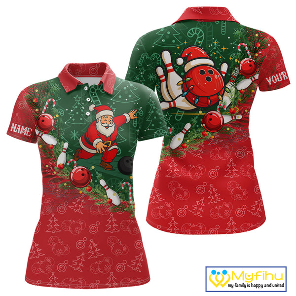 Christmas Santa Women Bowling Polo, Quarter Zip Shirt Custom Christmas Team Bowling outfit For Ladies NQS10342