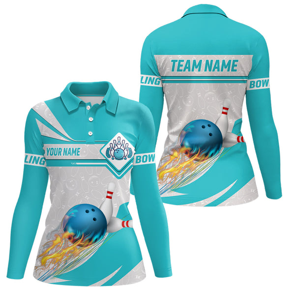 Cyan blue Bowling Polo Shirts For Women Custom camo flame bowling ball pins Team League Jerseys NQS6733